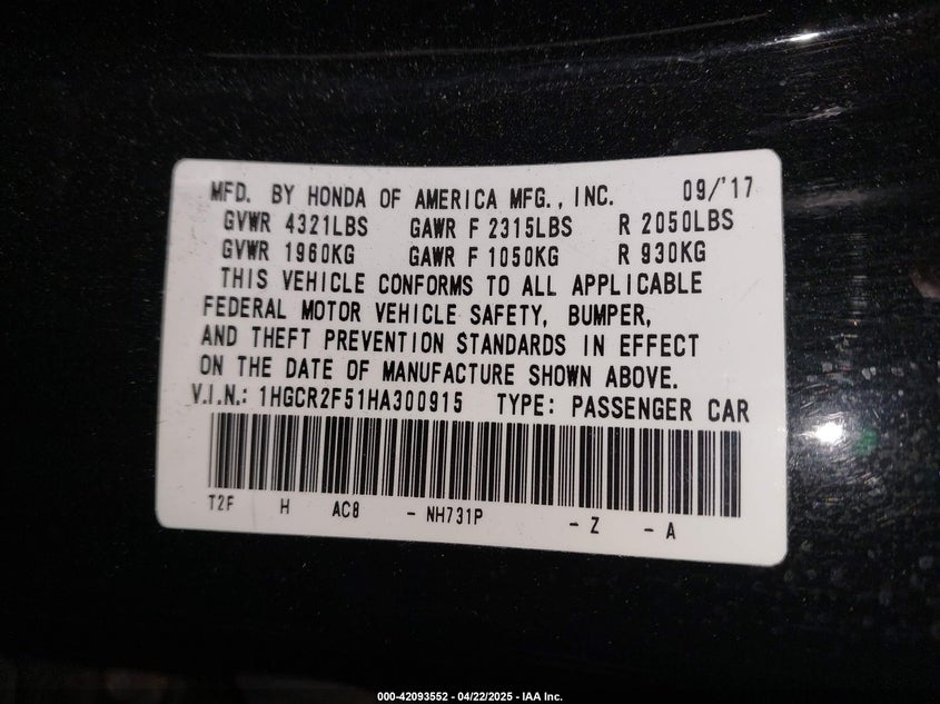 2017 HONDA ACCORD VIN: 1HGCR2F51HA300915