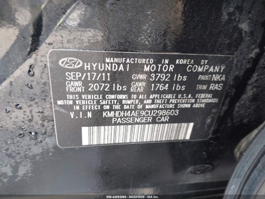 2012 Hyundai Elantra Gls (Ulsan Plant) VIN: KMHDH4AE9CU298603 Lot: 42093565