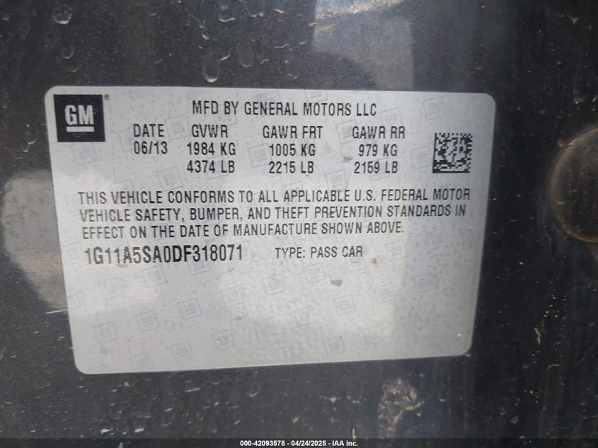 2013 CHEVROLET MALIBU 1FL - 1G11A5SA0DF318071