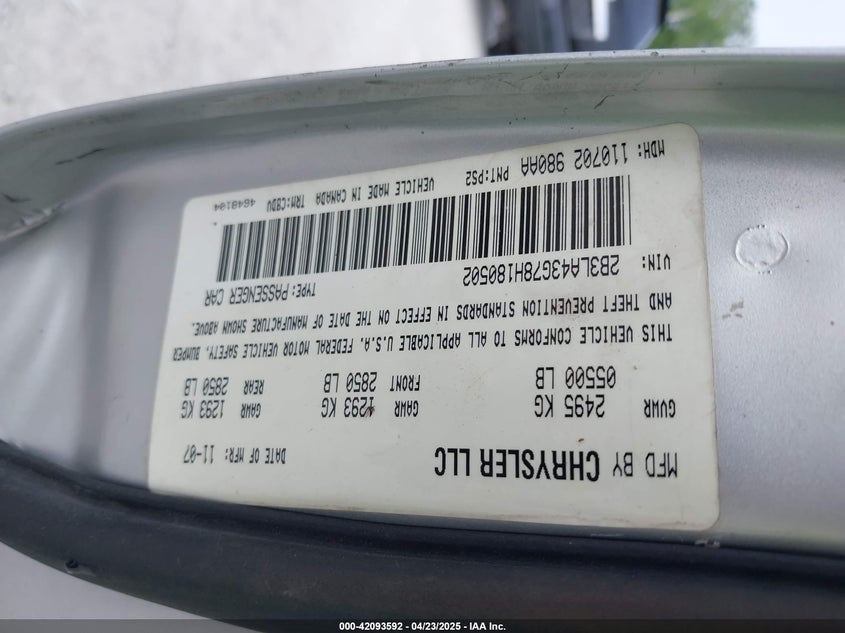 2008 DODGE CHARGER VIN: 2B3LA43G78H180502