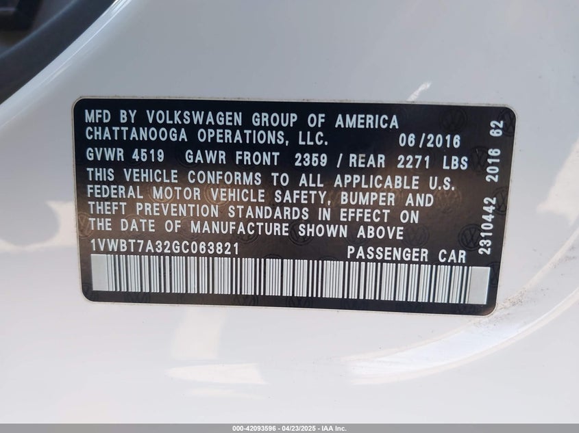 2016 VOLKSWAGEN PASSAT VIN: 1VWBT7A32GC063821