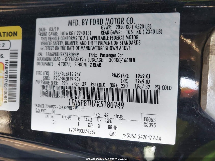 2019 FORD MUSTANG VIN: 1FA6P8TH7K5180949