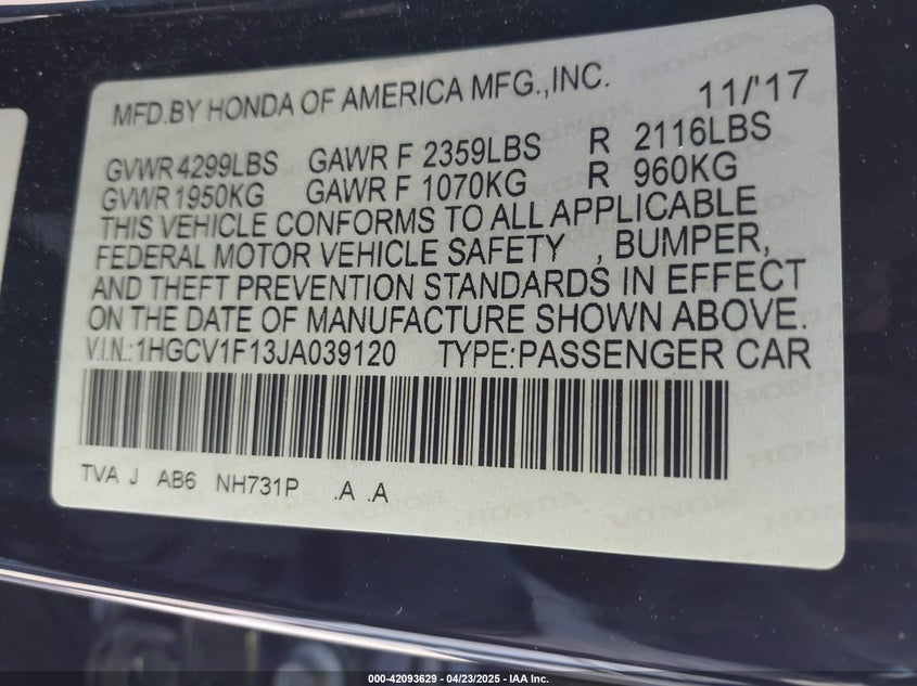 2018 HONDA ACCORD VIN: 1HGCV1F13JA039120