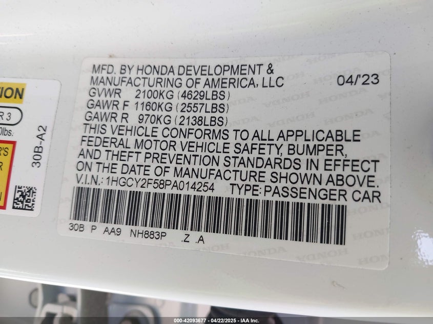 2023 HONDA ACCORD VIN: 1HGCY2F58PA014254