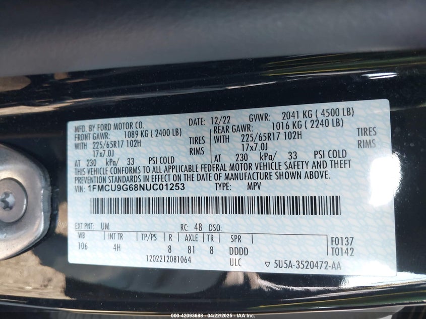 2022 FORD ESCAPE VIN: 1FMCU9G68NUC01253