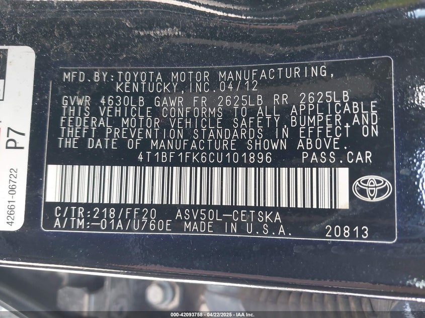 2012 TOYOTA CAMRY VIN: 4T1BF1FK6CU101896
