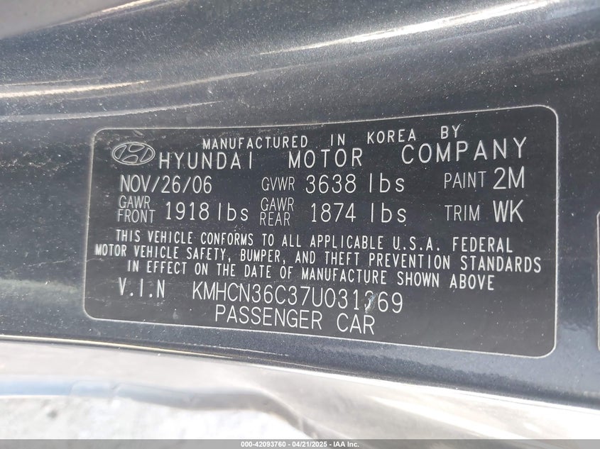 2007 Hyundai Accent Se VIN: KMHCN36C37U031369 Lot: 42093760