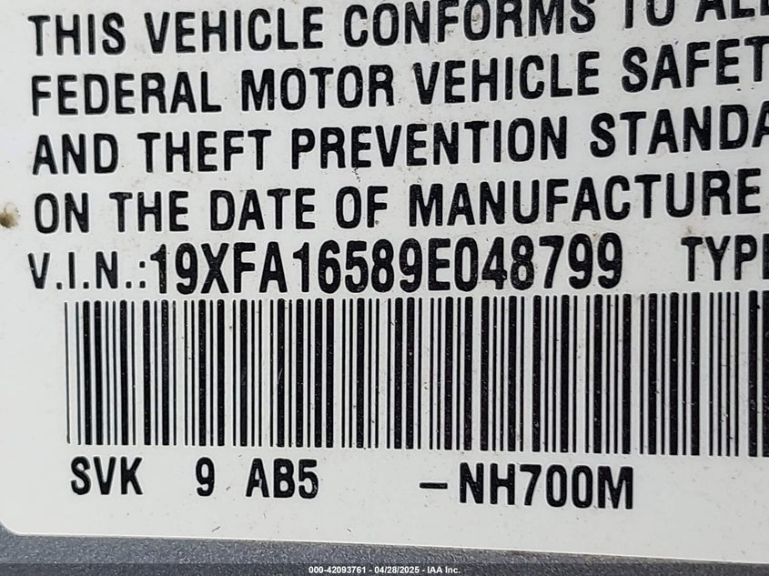 2009 HONDA CIVIC VIN: 19XFA16589E048799