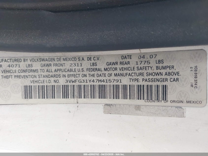 2007 VOLKSWAGEN NEW BEETLE VIN: 3VWFG31Y47M415791