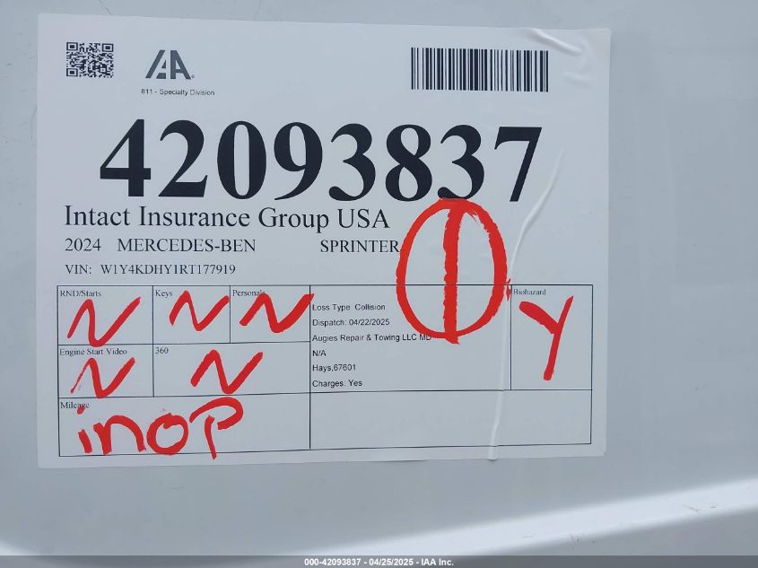 2024 Mercedes-Benz Sprinter 2500 VIN: W1Y4KDHY1RT177919 Lot: 42093837