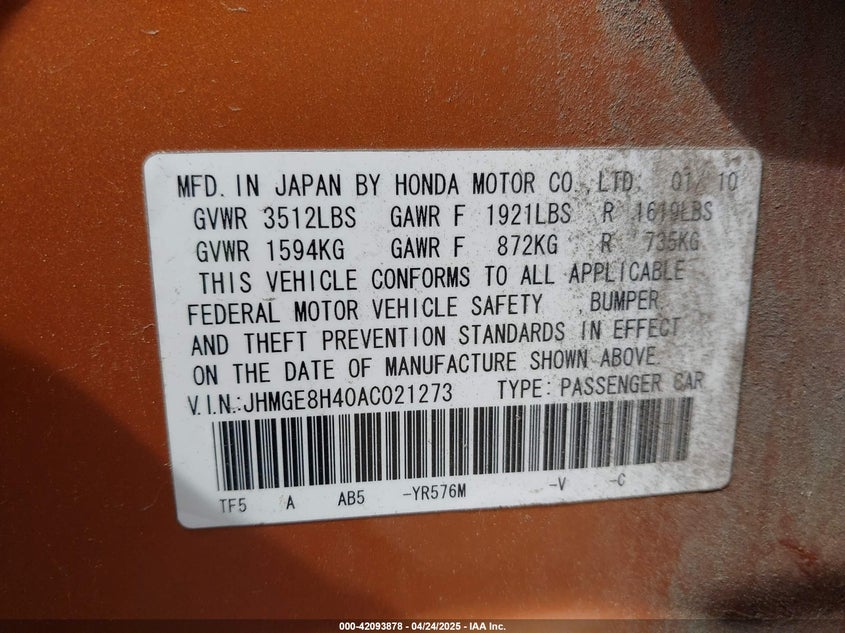 2010 HONDA FIT VIN: JHMGE8H40AC021273