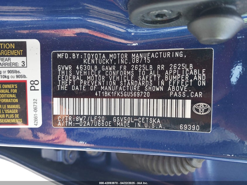 2016 TOYOTA CAMRY VIN: 4T1BK1FK5GU569720