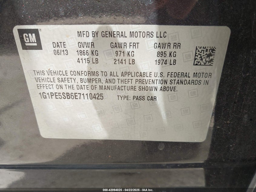 2014 CHEVROLET CRUZE VIN: 1G1PE5SB6E7110425