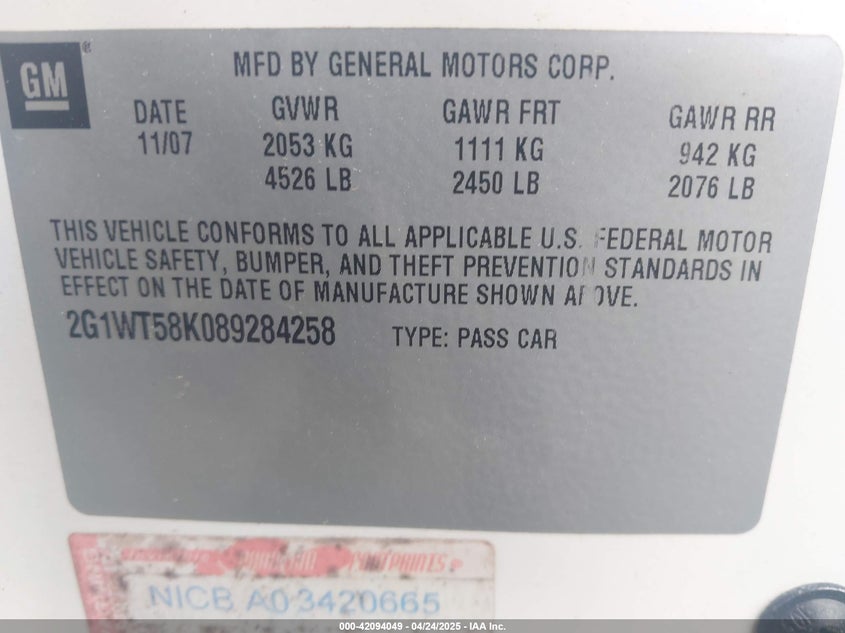 2008 CHEVROLET IMPALA VIN: 2G1WT58K089284258