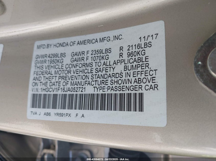 2018 HONDA ACCORD VIN: 1HGCV1F16JA052721