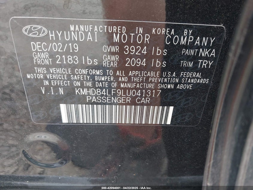 2020 HYUNDAI ELANTRA VIN: KMHD84LF9LU041317