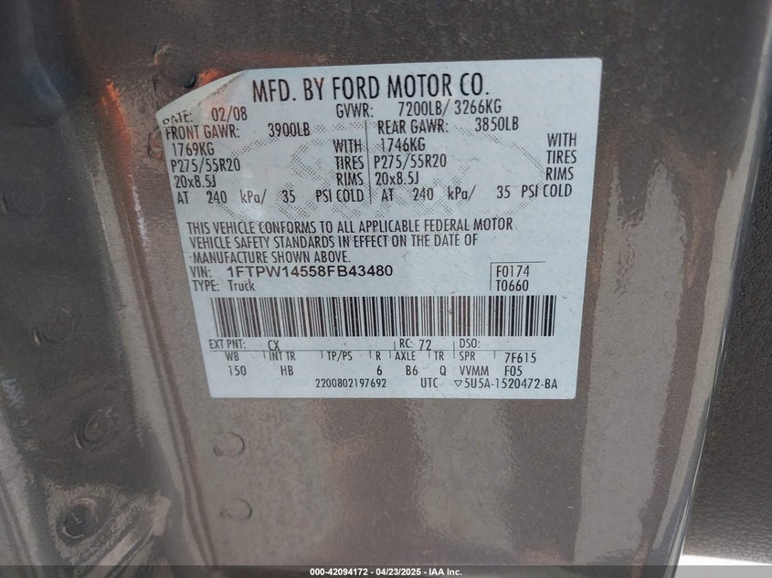 2008 FORD F-150 VIN: 1FTPW14558FB43480
