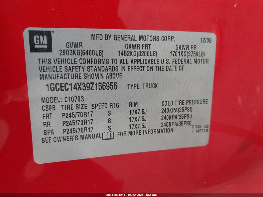 2009 CHEVROLET SILVERADO 1500 VIN: 1GCEC14X39Z156956