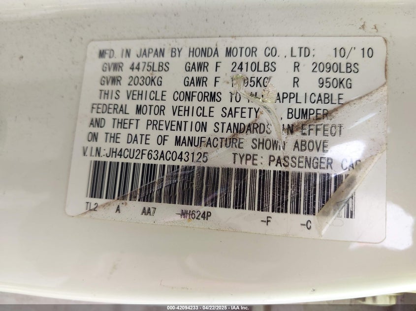 2010 Acura Tsx 2.4 VIN: JH4CU2F63AC043125 Lot: 42094233