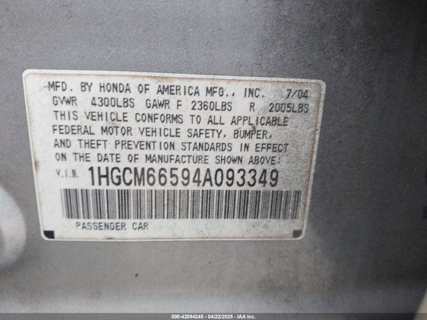 2004 Honda Accord 3.0 Ex VIN: 1HGCM66594A093349 Lot: 42094245