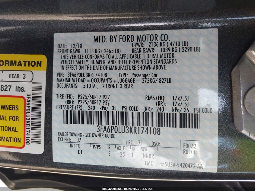2019 FORD FUSION HYBRID VIN: 3FA6P0LU3KR174108