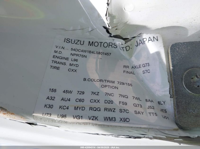 2020 Isuzu Npr Hd VIN: 54DC4W1B4LS801457 Lot: 42094314