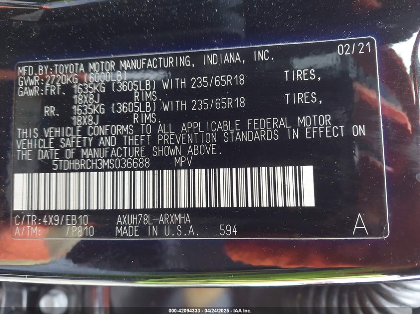 2021 TOYOTA HIGHLANDER VIN: 5TDHBRCH3MS036688