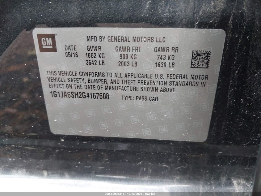 2016 Chevrolet Sonic Ls Auto VIN: 1G1JA6SH2G4167608 Lot: 42094415