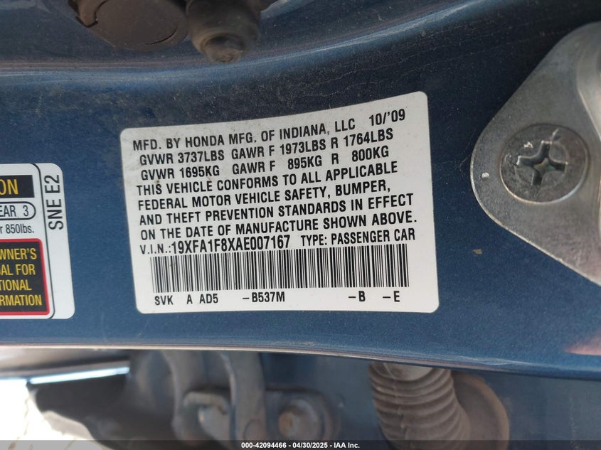 19XFA1F8XAE007167 2010 HONDA CIVIC photo no. 9