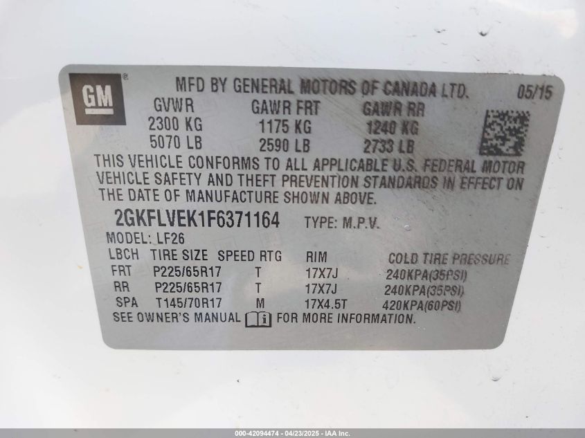 2015 GMC Terrain Sle-1 VIN: 2GKFLVEK1F6371164 Lot: 42094474