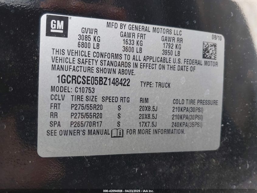 2011 Chevrolet 1500 VIN: 1GCSCSE03BZ148422 Lot: 42094506