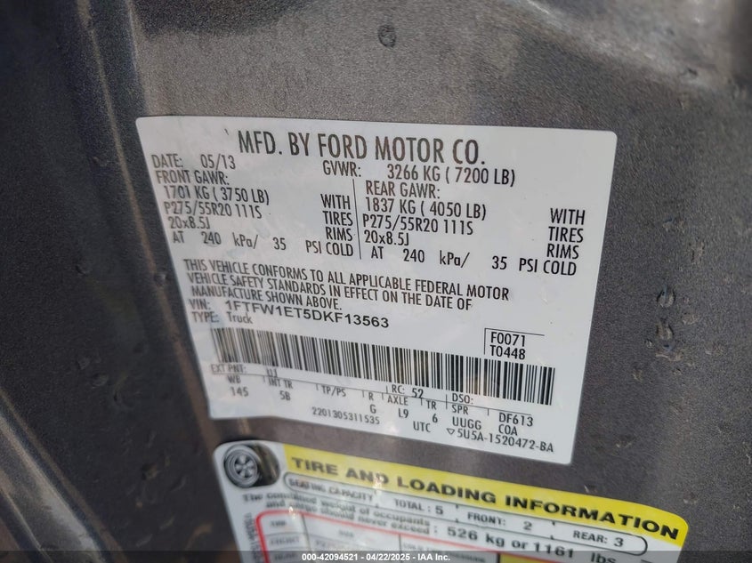 2013 FORD F-150 VIN: 1FTFW1ET5DKF13563