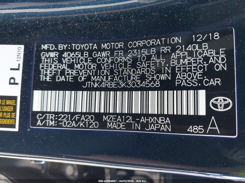 2019 TOYOTA COROLLA VIN: JTNK4RBE3K3034568