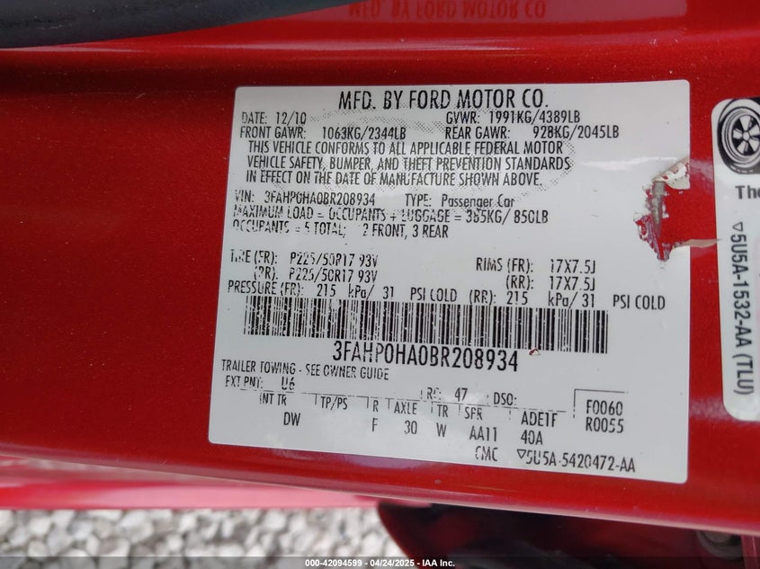 2011 FORD FUSION VIN: 3FAHP0HA0BR208934