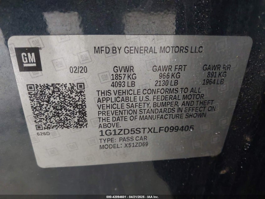 2020 Chevrolet Malibu Fwd Lt VIN: 1G1ZD5STXLF099405 Lot: 42094601