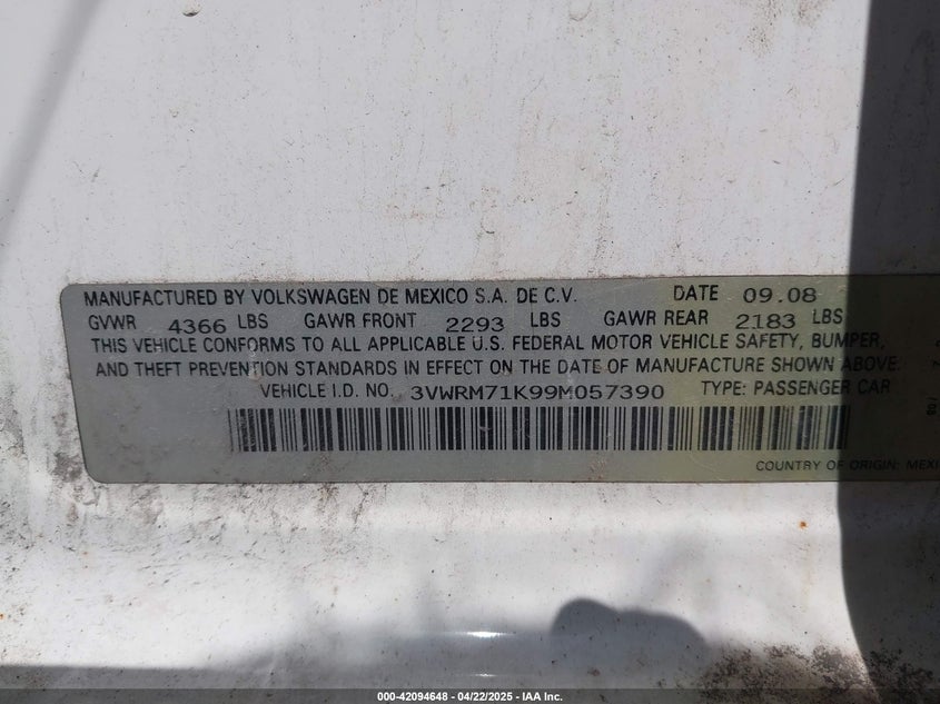2009 VOLKSWAGEN JETTA VIN: 3VWRM71K99M057390
