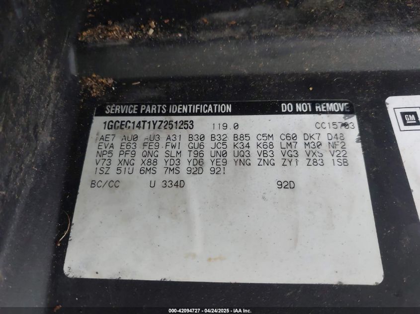 2000 Chevrolet Silverado 1500 Ls VIN: 1GCEC14T1YZ251253 Lot: 42094727