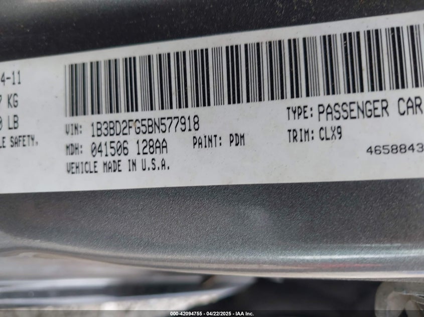 2011 DODGE AVENGER VIN: 1B3BD2FG5BN577918