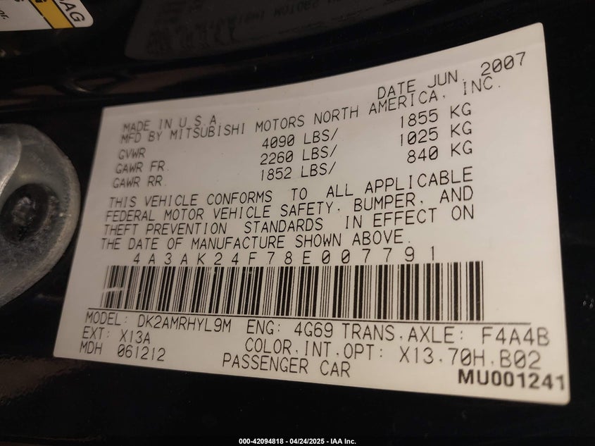 2008 MITSUBISHI ECLIPSE VIN: 4A3AK24F78E007791
