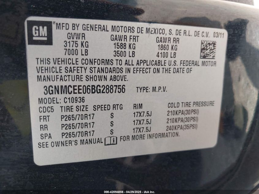 2011 Chevrolet Avalanche 1500 Ls VIN: 3GNMCEE06BG288756 Lot: 42094856