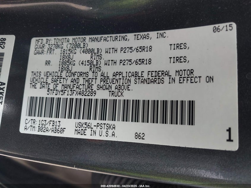 2015 TOYOTA TUNDRA VIN: 5TFDY5F13FX482289