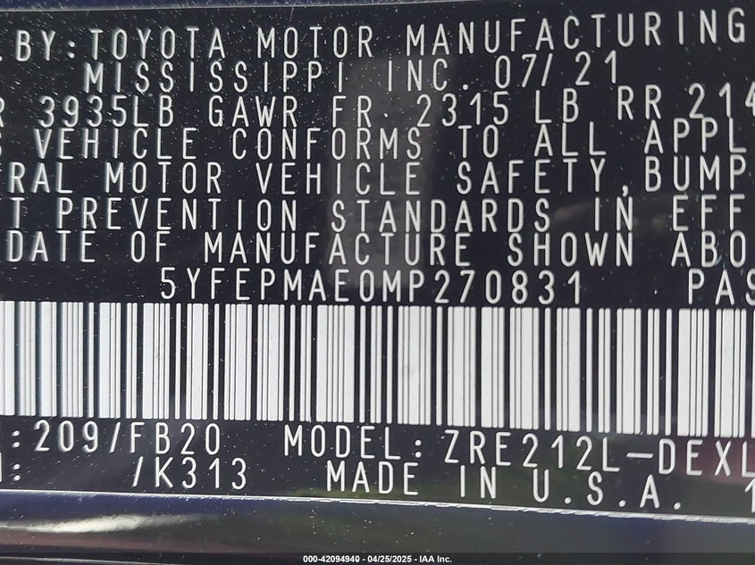 2021 TOYOTA COROLLA VIN: 5YFEPMAE0MP270831