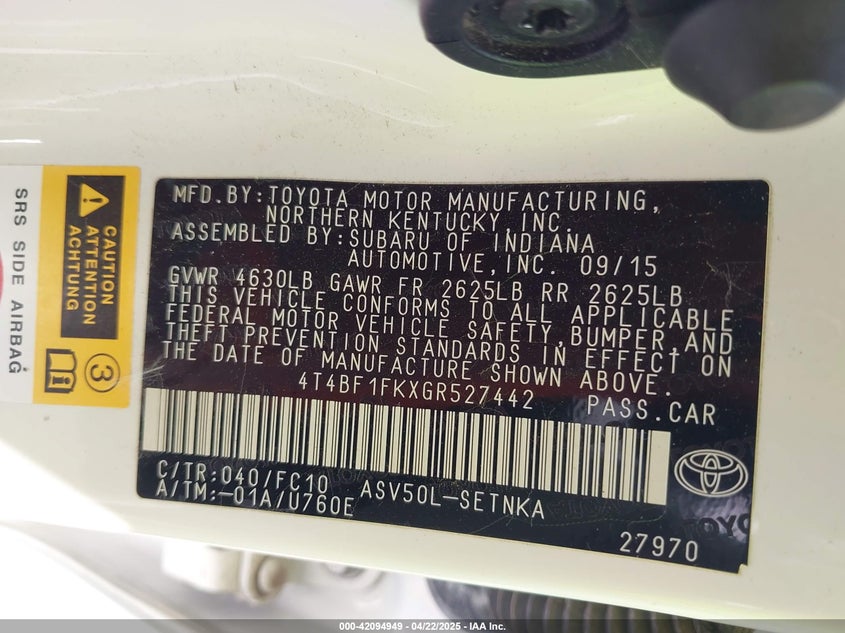 2016 TOYOTA CAMRY VIN: 4T4BF1FKXGR527442