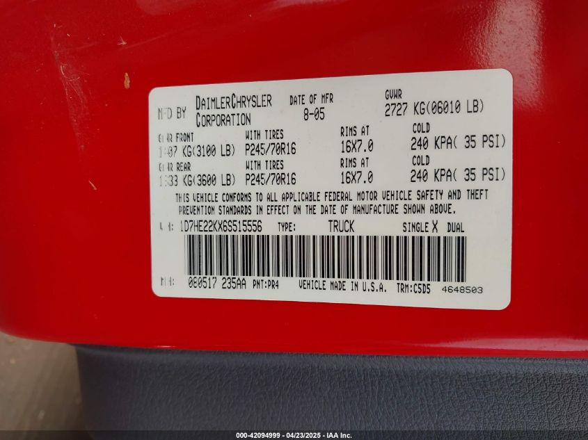 2006 Dodge Dakota VIN: 71HE22KX65515556 Lot: 42094999