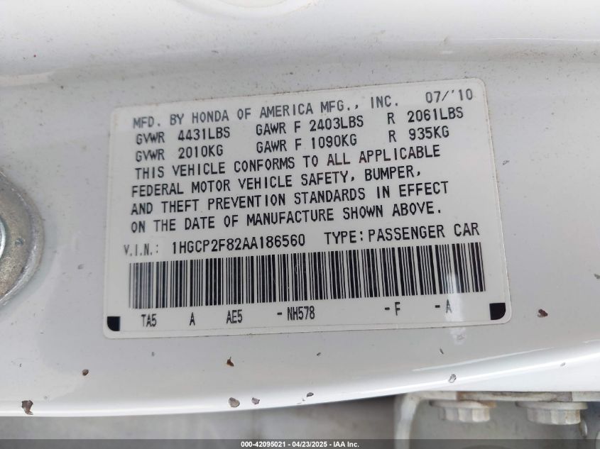 2010 Honda Accord 2.4 Ex-L VIN: 1HGCP2F82AA186560 Lot: 42095021