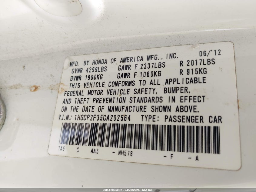 2012 HONDA ACCORD VIN: 1HGCP2F35CA202564