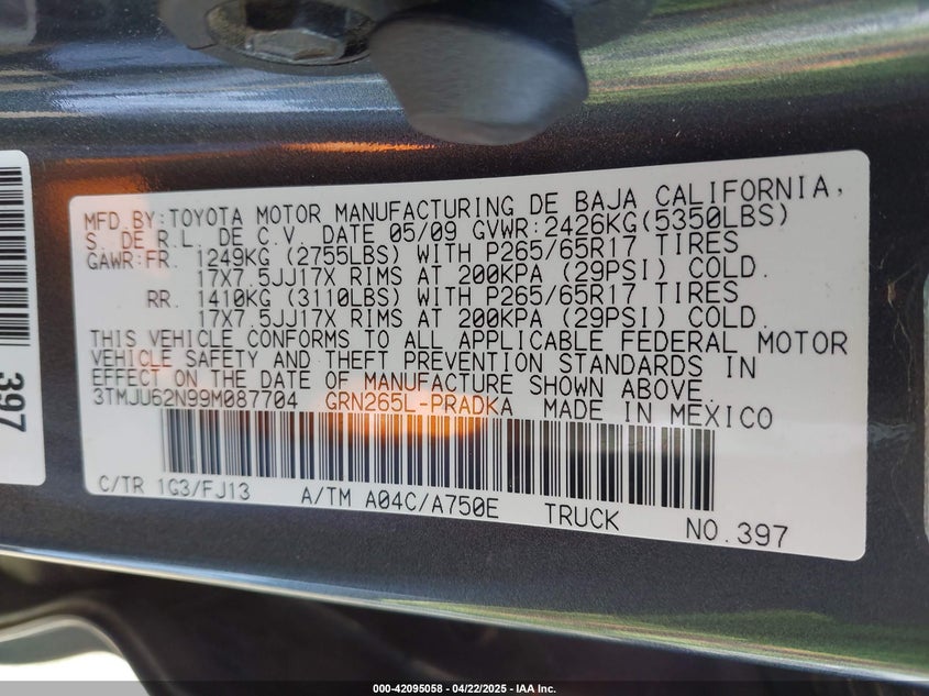 2009 TOYOTA TACOMA VIN: 3TMJU62N99M087704