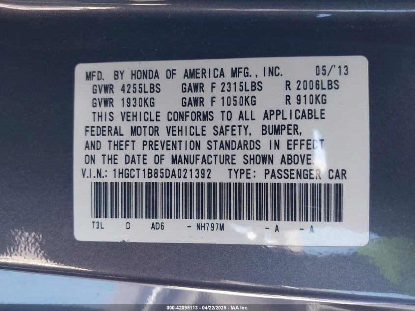 2013 HONDA ACCORD VIN: 1HGCT1B85DA021392