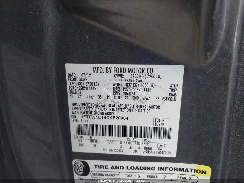 2012 FORD F150 VIN: 1FTFW1ET4CKE20984