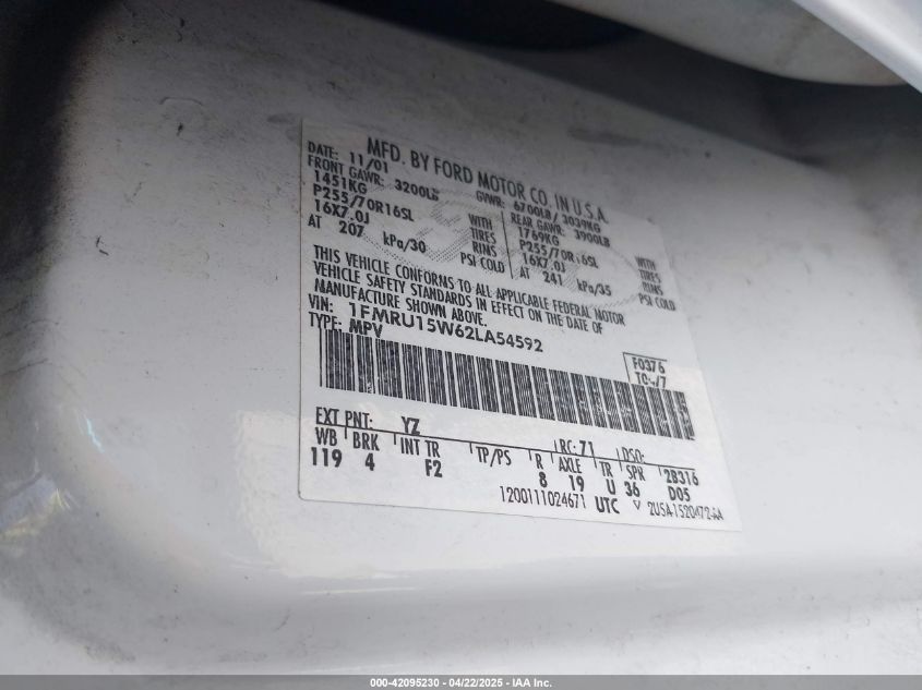 2002 Ford Expedition Xlt VIN: 1FMRU15W62LA54592 Lot: 42095230